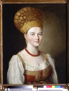 Portrét ženy v ruském kroji (Ženský portrét v ruských šatech). Obraz Ivan Petrovič Argunov (Argunov) (1729-1802). Olej na plátně, 67 x 53,6 cm