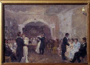 Kupecký ples. Páry tančí, mladé dívky v bílém sedí a čekají na pozvání k tanci. Obraz Ivana Semjonoviče Kulikova (Koulikova) (1875-1941), olej na plátně