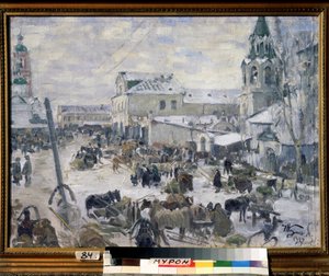 Kostel v Murom (Rusko). (Církev v Muromu). Popis městské ulice, pod sněhem, s každodenní zábavou, koňskými povozy. Obraz Ivana Semjonoviče Kulikova (Koulikova) (1875-1941), olej na plátně