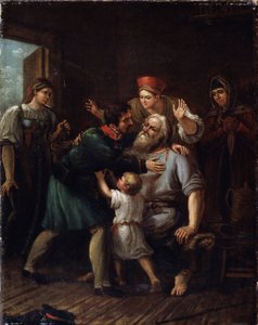 Návrat válečníka (Homecoming Warrior). Voják se vrací domů a vrhá se do náruče svého starého otce. Celá rodina vyjadřuje radost a úlevu, že ho vidí živého. Obraz Ivana Vasiljeviče Luchaninova (1781-1824), olej na t. j od Ivan Vasilyevich Luchaninov