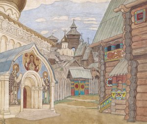 Ruská vesnice. Scénografie k opeře Příběh cara Saltana N. Rimského-Korsakova od Ivan Yakovlevich Bilibin