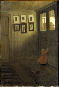 Malá holčička je u dveří. Interiér umělcova domu v Aelvaengen (Švédsko) - Dívka u dveří. Interiér umělcova domova, Aelvaengen, od Arosenia, Ivar (1878-1909). olej na plátně