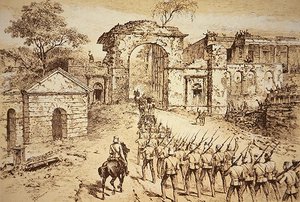 Generál Outram vstupuje do obrany sídla v Lucknow 25. září 1858 v čele Havelockových pomocných sil (litho) od J.F. (after) Weedon
