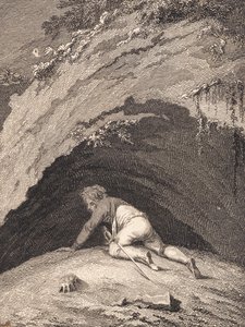 Zbitý Niels Klim se plazí do jeskyně od J.F. Clemens