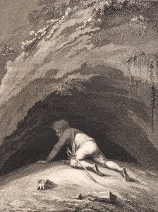 Zbitý Niels Klim se plazí do jeskyně od J.F. Clemens
