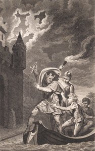 Ilustrace. Král se zdviženou dýkou a tři lidé ve člunu od J.F. Clemens