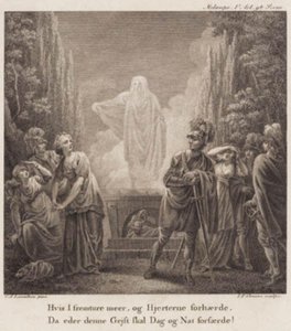 Melampe. Půjdete-li více vpřed a zatvrdíte svá srdce, kdy vás tento duch bude děsit dnem i nocí? Rytina podle Llorentzens Holberg Galleri. od J.F. Clemens