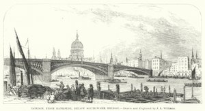Londýn, z Bankside, pod mostem Southwark (rytina)