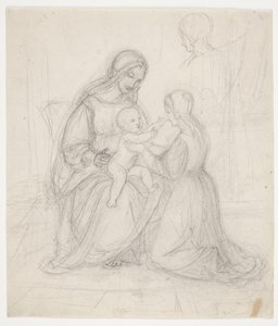 Sedící Madonna s dítětem a klečící ženou od J.L. Lund