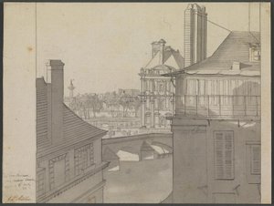 Pohled z bytu J.P. Møllera v Hotel d’Irlande, Rue de Beaune č. 3, přes Seinu směrem k Tuileries a Rue de Rivoli, 6. března 1812