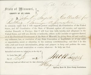 Věrnostní přísaha Johna R. Sayerse z Missouri, hrabství St. Louis od J.R. Sayers