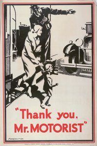 „Děkuji, pane motoriste“, plakát LCC Tramways London County Council, 1932 od JS Anderson