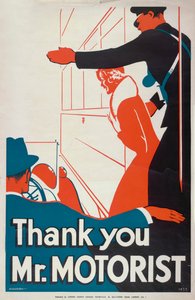 „Děkuji, pane motoriste“, plakát LCC Tramways London County Council, 1933 od JS Anderson