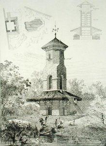 Přístřešek pro drůbež v Chartrettes, z knihy "Constructions et Decorations pour Jardins", vydané kolem roku 1880 (rytina)