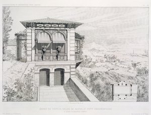 Parní lázně, hvězdárna nahoře, z množství návrhů různých architektů, hospoda. Morel & Cie, Paříž, kolem roku 1880