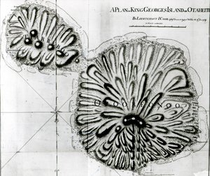 Plán ostrova Kinga Georgese nebo Otheite, 1769 (litho) (černobílá fotografie) od J. Cook