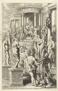 Herkules vede člověka kolem personifikací ctností do chrámu věčné slávy Titulní strana pro: Idea principis christiano-politica, Centum Symbolis expressa, Brusel 1649 (název na objektu) od J. Danoot