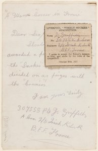 Dopis soutěžnímu redaktorovi Liverpool Weekly Courier, 1917 od J. Griffiths