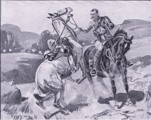 Major Brown, 14. husaři, držící koně Browns pod těžkou palbou, ilustrace z Po Pretorii: Guerilla War, 1902 od J. H. Thorneley