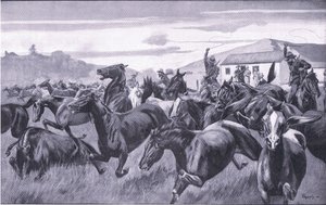 Búrové nájezdy na Remount Depot v Braamfonteinu, z After Pretoria: The Guerilla War vydané Harmsworth Bros Limited, 1901 od J. H. Thornely