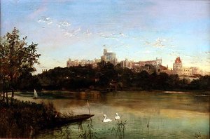 Figurky v pramici a labutě na Temži s hradem Windsor v pozadí (olej na plátně) od J. Lewis