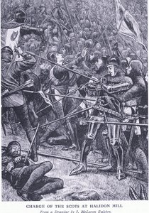 Charge of the Scots at Halidon Hill, z Cassells History of the British People vydané společností Waverley Book Company Limited, kolem roku 1940
