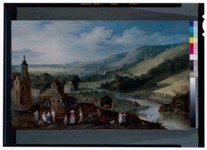 Weitläufige Flusslandschaft mit Bauern, die die Ernte einbringen von J. & Momper J. de (1564-1635) Brueghel