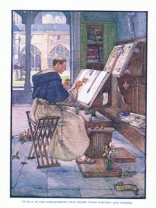 Bylo to v klášterech, kde se psaly a kopírovaly knihy, z English Literature pub. od T C & EC Jack, kolem roku 1920 od J. R. Skelton