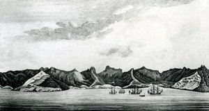 Pohled na Cumberland Bay na ostrově Juan Fernandes, c.1745 (rytina) od J. S. Mason