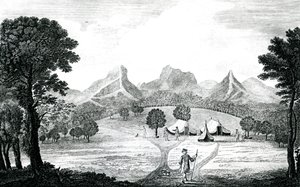 Pohled na stan Commodore na ostrově Juan Fernandes, kolem roku 1745 (rytina) od J. S. Mason