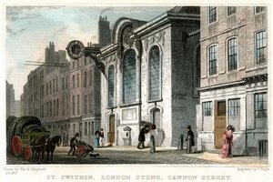 Kostel St Swithin a londýnský kámen, Cannon Street, City of London, c1830.