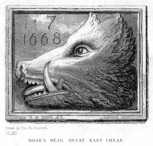 Inn znamení z Boars Head Tavern, Eastcheap, Londýn, 19. století.