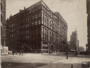 Jihovýchodní roh Dearborn a Monroe Streets, Chicago, 1890 od J. W. Taylor