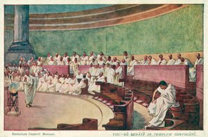 Cicero útočí na Catilinu v senátu starověkého Říma (barva litho)