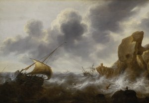 Rybářská loď u skalnatého pobřeží v bouři s vrakem, asi 1664-65 (olej na desce) od Jacob Adriaensz. Bellevois