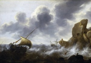 Rybářská loď zastižená v bouři poblíž skalnatého pobřeží s vrakem lodi. Olej na plátně, Jacob Adriaensz Bellevois (1621-1675). od Jacob Adriaensz. Bellevois