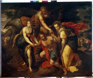 Tři věky lidského života. (Tři věky). Muž v nejlepších letech je podporován anděly, když klopýta, napravo vychází z jeskyně mladý muž, poblíž něj klečící žena gestem zadržuje a vlevo
