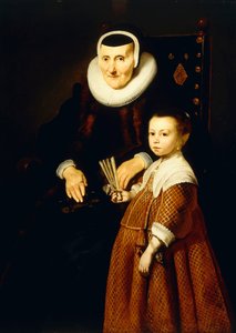 Portrét dámy, 80 let s dívkou, 6 let, tříčtvrteční délka, cca 1632-33