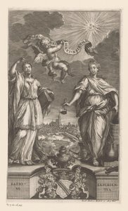 Alegorie medicíny ve Štrasburku Pharmacopoeia Argentoratensis (název na předmětu) od Jacob Andreas Fridrich (I)