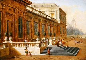 Návrat marnotratného syna na schodech klasického paláce (olej na plátně) od Jacob Balthasar Peeters