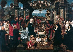 Narození Krista od Cornelisze van Oostsanena, Jacoba (Jacob Cornelisz van Amsterdam) (asi 1470-1533). olej na dřevo