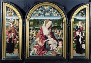 Panna a dítě s anděly tvořícími hudbu a rodinou Sampsons-Coolen, Triptych, 1500-1525