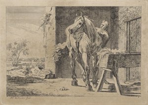 Postava s koněm u jesliček Šest tisků po kresbách od různých mistrů (název série na objektu)