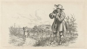 Muž opřený o hůl a žena s dítětem na venkovské cestě Studijní tisky / Etudes gravées (název série)