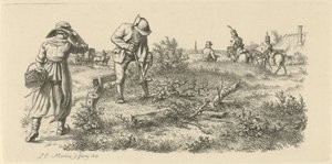 Kopající muž, žena s košíkem a vojáci na koních Studijní tisky / Etudes gravées (název série)