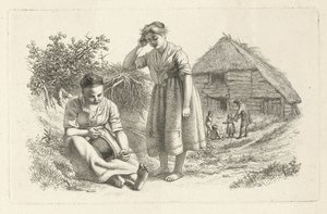 Dvě ženy a muž s dětmi před stodolou Studijní tisky / Etudes gravées (název série)