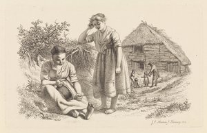 Dvě ženy a muž s dětmi před stodolou Studijní tisky / Etudes gravées (název série) od Jacob Ernst Marcus