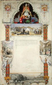 Návrh na děkovný dokument Brémám z Hamburku, 1843 (tužka, pero, inkoust a wc na papíře)