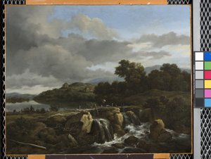 Krajina s kaskádou (olej na plátně) od Jacob van Ruisdael