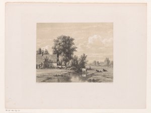 Krajina s farmou a krávou ve vodě od Jacob Jan van der Maaten